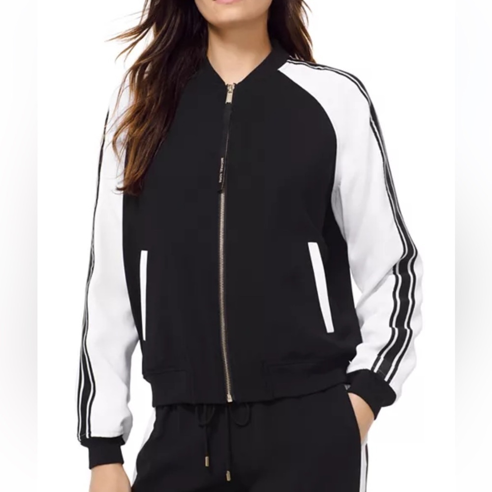 Michael Kors Black White Striped Full Zip Track Bomber Sporty Jacket Medium - Picture 1 of 10